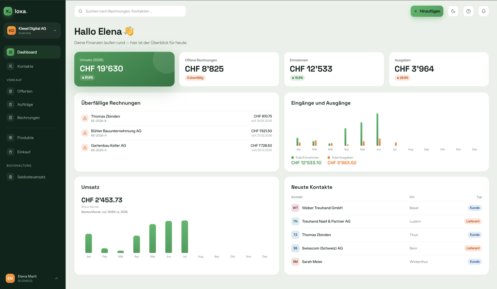 Dashboard Loxa con fatturato, fatture aperte e panoramica